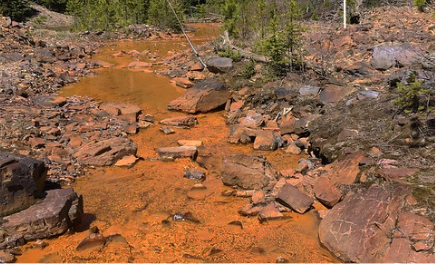Acid mine drainage from an abandoned mine. The streambed is orange due to high iron oxide content.