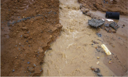Closeup of muddy water eroding bare soil.